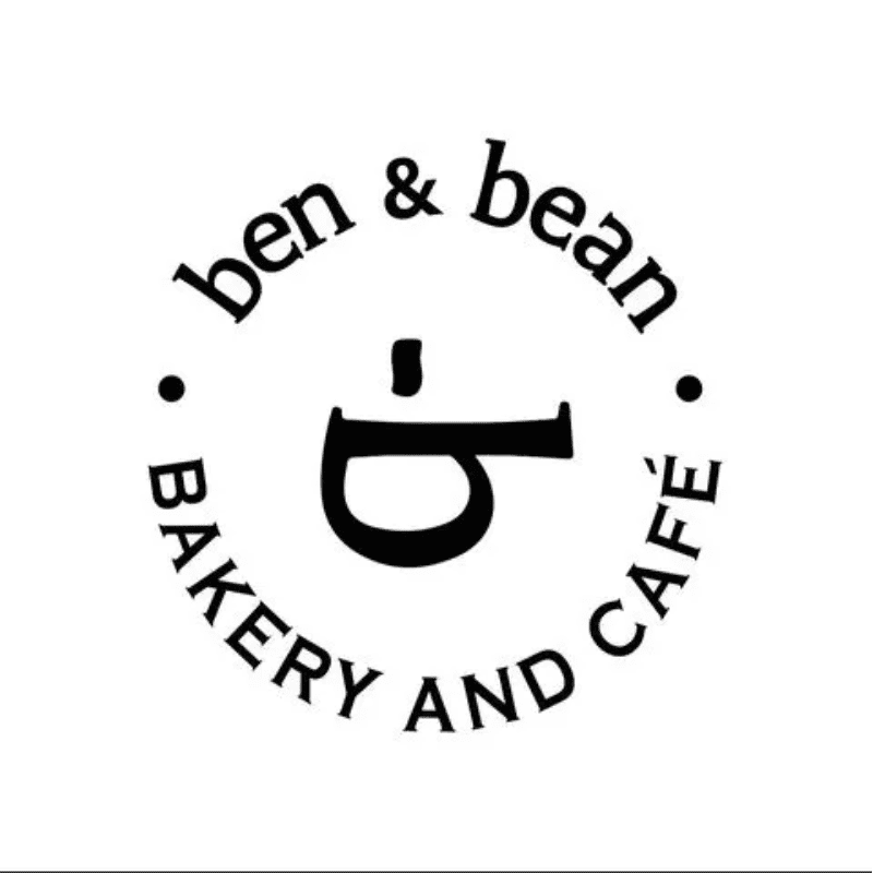 A black and white logo of ben & bean bakery and cafe.