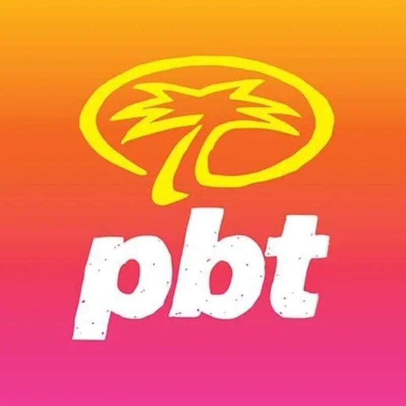A pink and orange background with the word pbt in white.