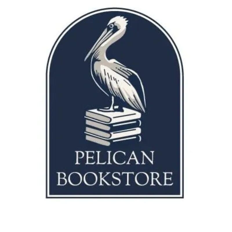A pelican bookstore logo with books and an animal.