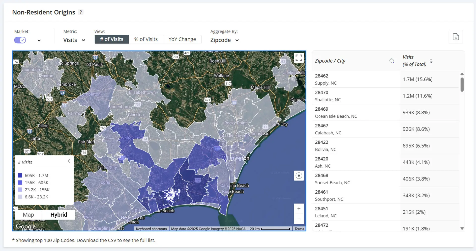 Shallotte Non Resident Origins May 2025 Map showing non-resident origins by zip code.