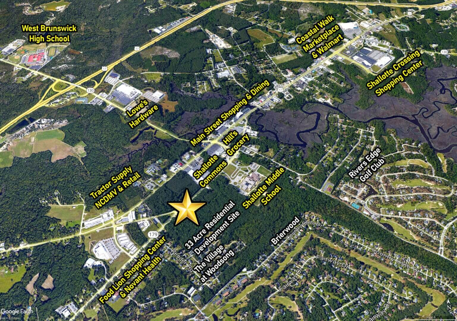 Aerial view of Shallotte, North Carolina map.