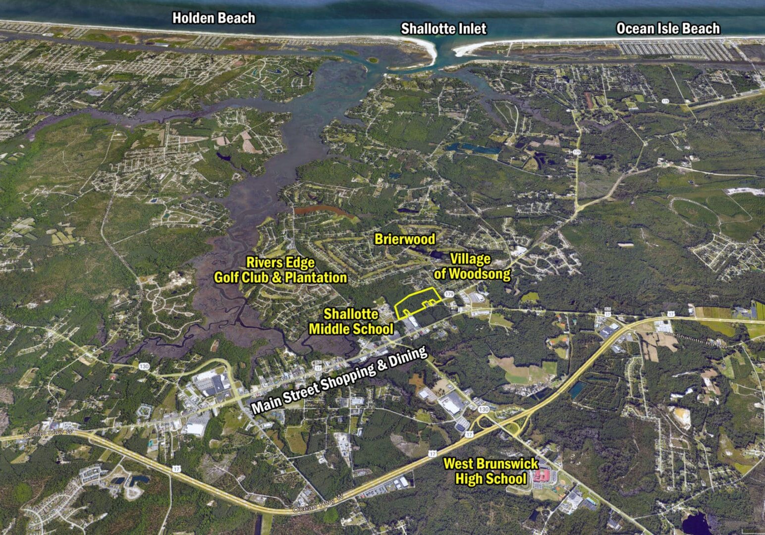 Aerial map of Shallotte, North Carolina area.
