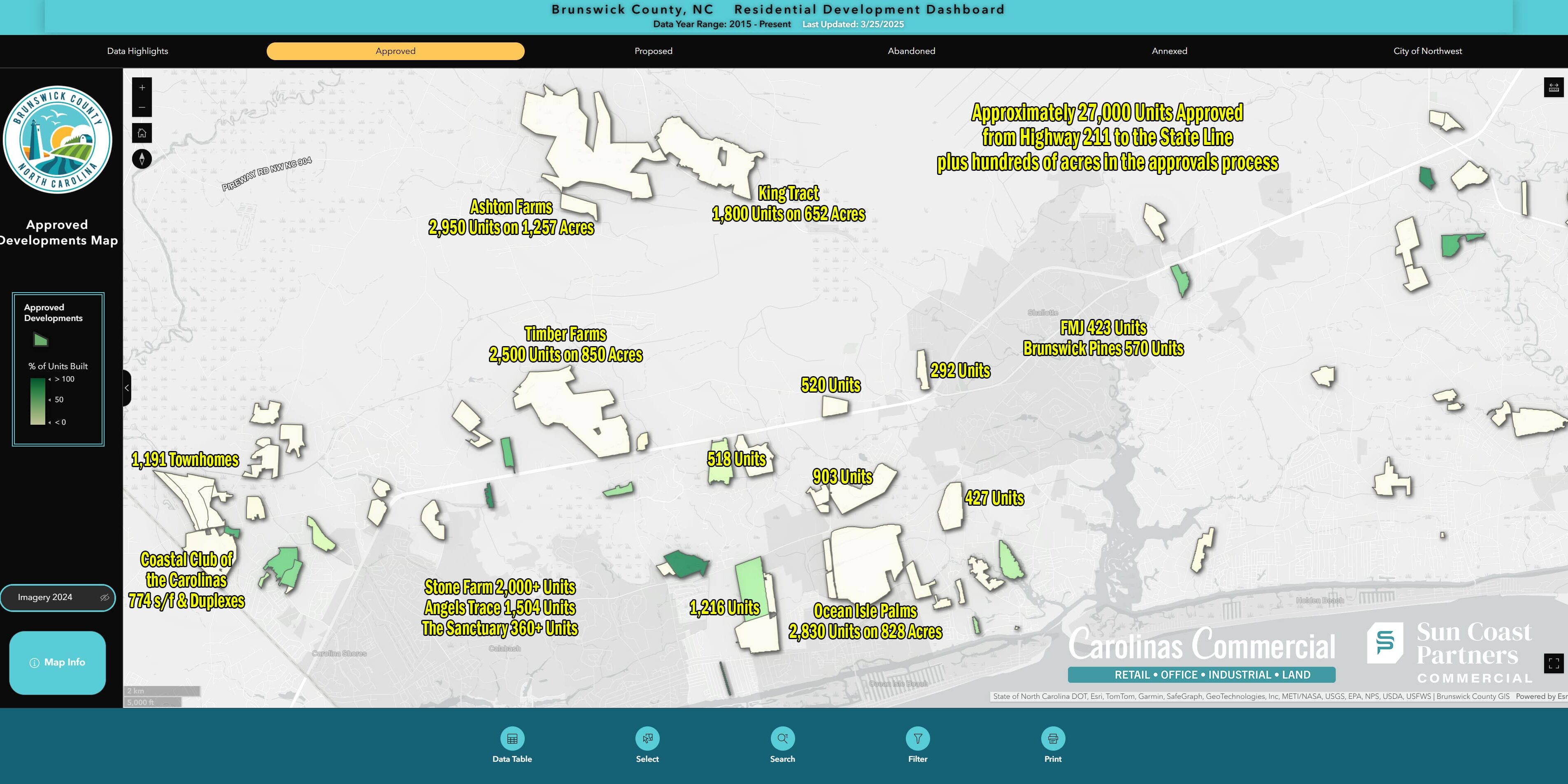 Residential Development Mar 2025 Map showing residential development in Brunswick County.